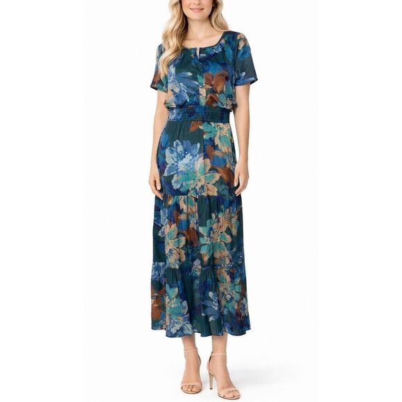 Nicole Miller Dresses & Skirts - Nicole Mille floral satin look smocked waist ruffle sleeve maxi dress small